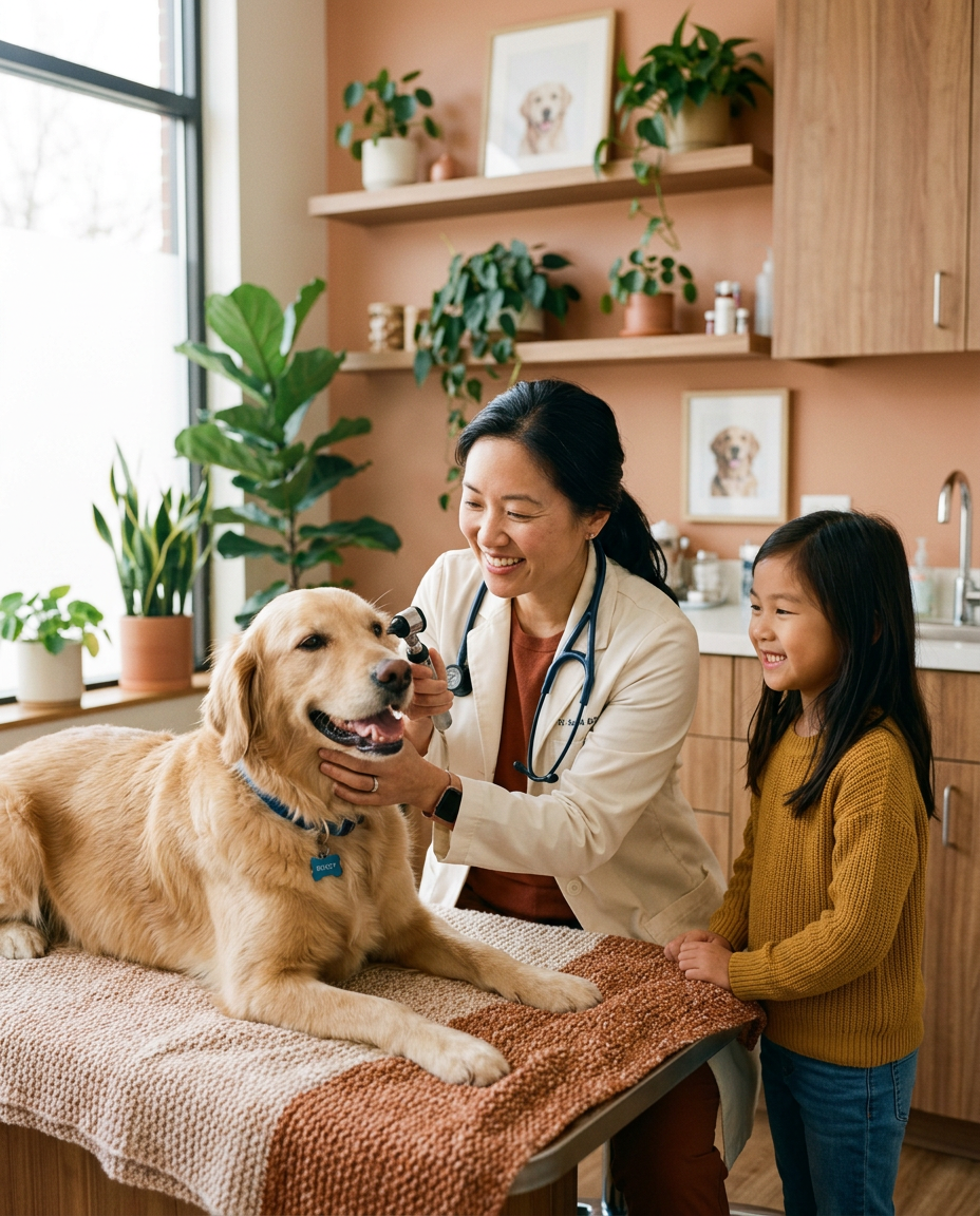 Dr. Patel examining a golden retriever